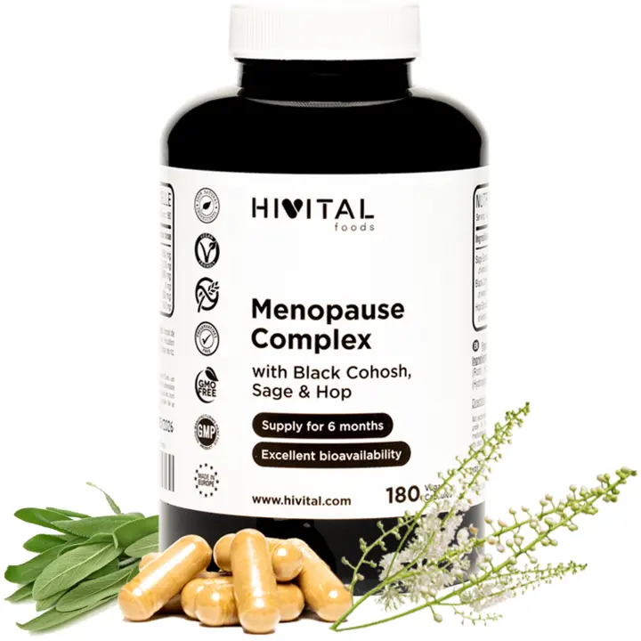 Menopausia Complex. 180 cápsulas veganas para 6 meses de tratamiento. Con Salvia, Cimicífuga y Lúpulo. Combate los síntomas de la Menopausia y la Premenopausia como los sofocos, insomnio e hinchazón. HIVITAL - 1