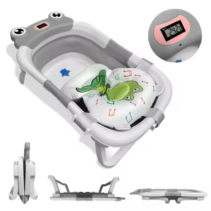 BATHBY Bañera Plegable Portátil para Bebés Recién Nacidos, con Cojín de Rana Antideslizante, Termómetro Integrado y Patas Antideslizantes, Compacta y Segura (Gris rana) - 1