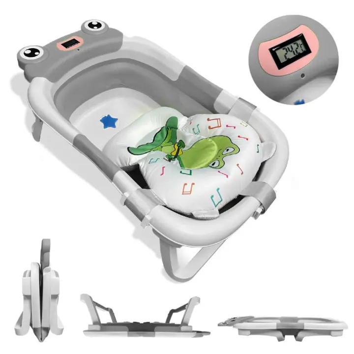 BATHBY Bañera Plegable Portátil para Bebés Recién Nacidos, con Cojín de Rana Antideslizante, Termómetro Integrado y Patas Antideslizantes, Compacta y Segura (Gris rana) - 1