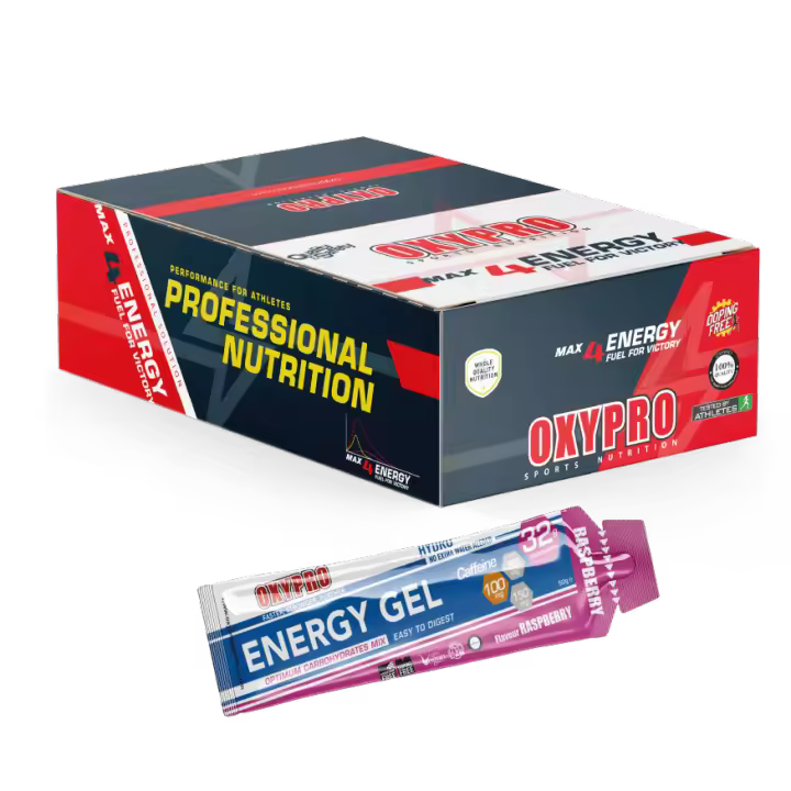 OXYPRO® Nutrition - Caja x 12 ENERGY GEL sabor Frambuesa con 100mg Cafeína - 32.2g CH - 100% HYDRO - No extra water needed - Suitable for Vegans - 1