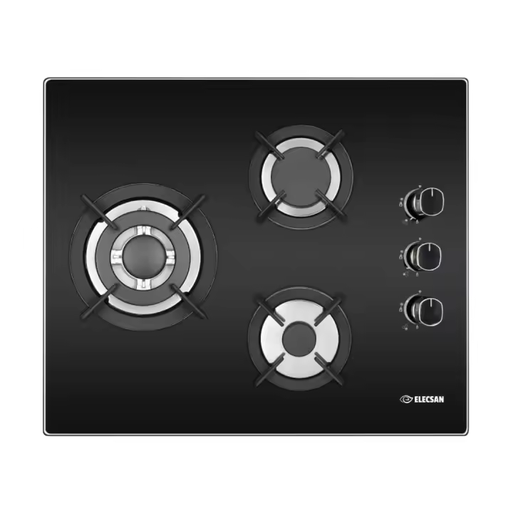 Placa Cristal Gas Elecsan , 3 Fuegos, Ancho 60cm, Encimera de Gas Butano ó Gas Natural, Acabado en Cristal Templado Negro , Doble llama en el fuego Grande, Parrillas de hierro forjado. - 1