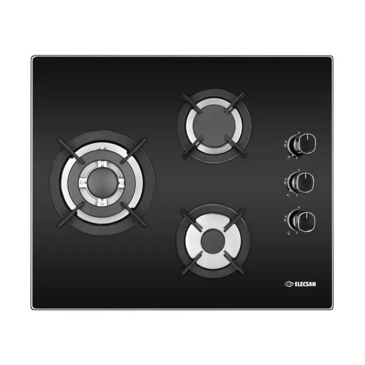 Placa Cristal Gas Elecsan , 3 Fuegos, Ancho 60cm, Encimera de Gas Butano ó Gas Natural, Acabado en Cristal Templado Negro , Doble llama en el fuego Grande, Parrillas de hierro forjado. - 1