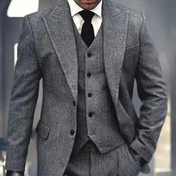 Traje De Novio Para Hombres 3 Piezas Gris Rayado Forma Elegante Con Pico Traje De Té Para Bodas Y Compromisos Incluye Chaqueta Chaleco Y Pantalones - 1