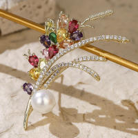 Broche De Flor Dorada Con Zirconia Joyería De Novia Lujo Accesorios Para Mujer Regalos Para Damas De Honor Adornos Elegantes Para Bodas - details 5