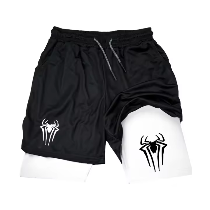 Shorts De Rendimiento Y2K Para Hombre Con Estampado De Araña 2 En 1 Deportivos Compresión Para Gimnasio Y Running Shorts Casuales De Mesh - 1