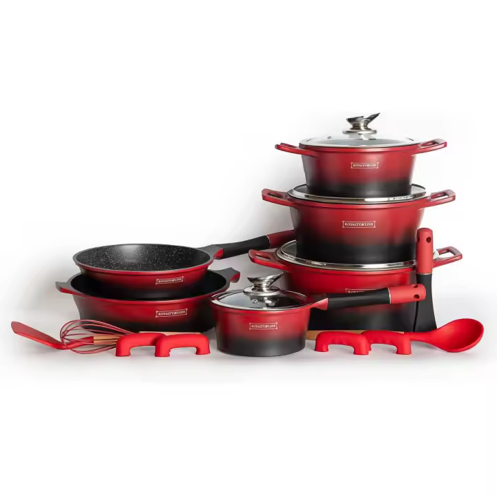 Batería de cocina 14 piezas con revestimiento de piedra , Teflón y asas de silicona RL-ES2014M RED/BLACK - 1