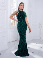 Vestido De Fiesta De Encaje Brillante Con Cuentas Cuello Halter Sin Hombros Vestido Largo Para Mujer Vestido De Noche Sexy Y Club - details 2