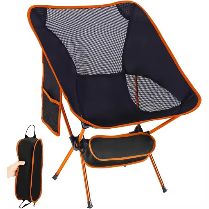 Silla de camping plegable portátil, bolsa de transporte y bolsillo lateral, silla de camping plegable ultraligera, silla de camping plegable portátil para playas, pesca, picnic (naranja) - 1