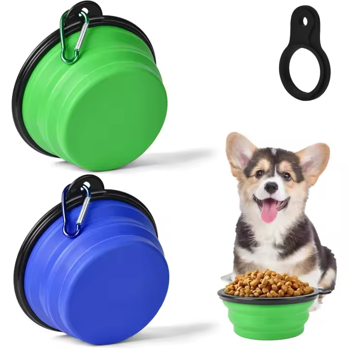 2 piezas de tazón de agua plegable para perros, portátil para mascotas con mosquetón, alimentador de mascotas para gatos, perros y mascotas, para viajar o caminar (verde y azul) - 1