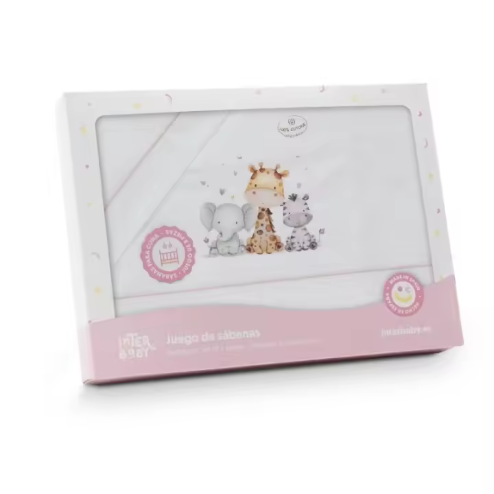 Sábanas Minicuna 100% Algodón  50X80 (bajera+encimera+funda almohada) Modelo  Jirafa Elefante Interbaby - 1