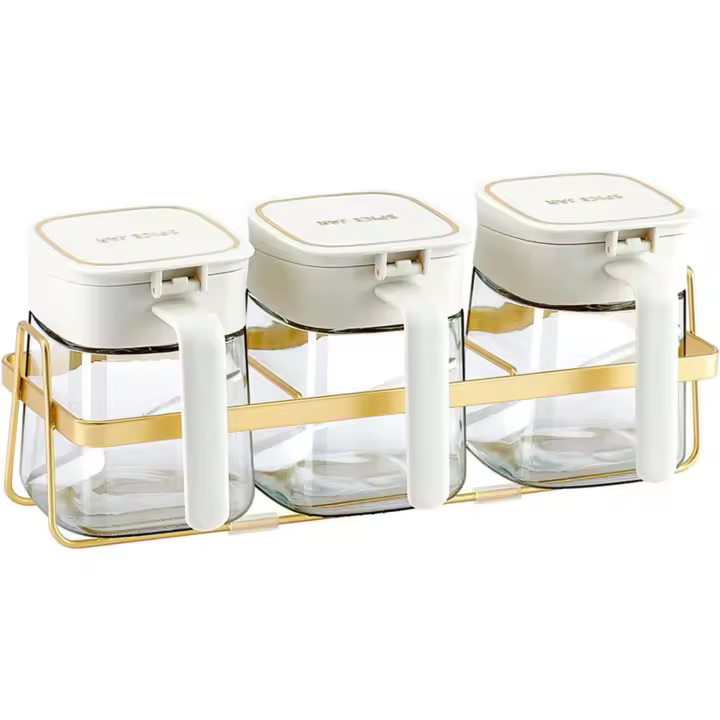 Contenedor de Especias de Vidrio Transparente 3 Piezas, 300ml con Tapa y Sopa - 1