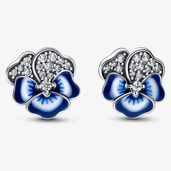Pandora Pendientes de Aro en Plata de Ley Pendientes de Flor de Pensamiento Azul，Incluye Caja Original - 1