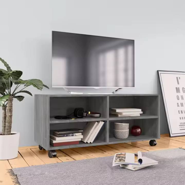 vidaXL Mueble de TV con ruedas madera contrachapada gris 90x35x35 cm - 1