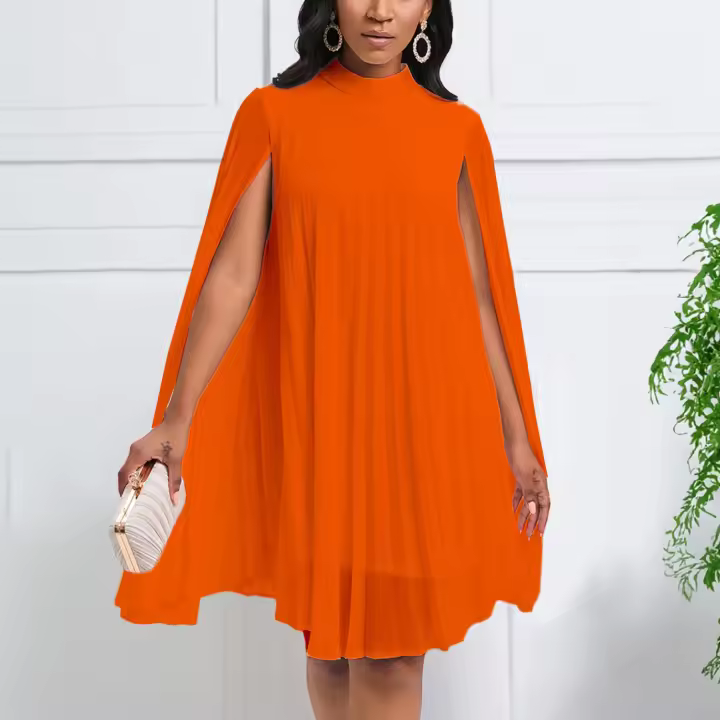 Vestido Elegante Para Fiesta Para Mujer 2024 Cuello Redondo Manga Batwing Plisado Largo Rodilla Ajuste Sexy Y Club Polyester - 1