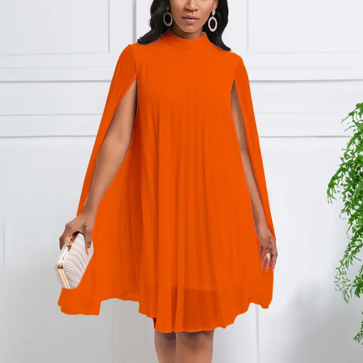 Vestido Elegante Para Fiesta Para Mujer 2024 Cuello Redondo Manga Batwing Plisado Largo Rodilla Ajuste Sexy Y Club Polyester - 1