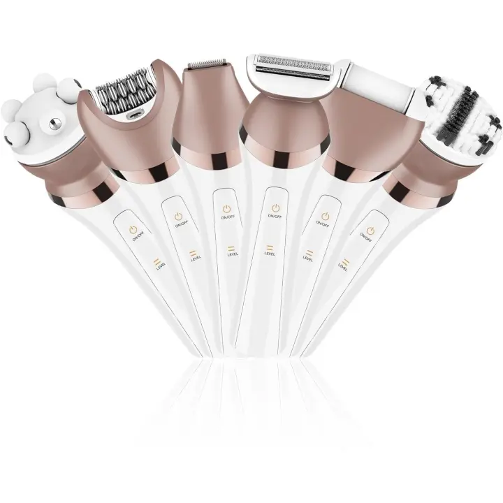 Depiladora para mujeres - Afeitadora eléctrica para mujeres - Afeitadora personal - Recortador de línea de bikini - Depilación corporal - Rostro, piernas y axilas - Húmedo y seco - Con luz LED - 6 en 1 - 1