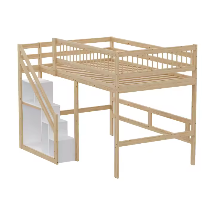 140*200, Escalera with mantimiento, Barandillas Altas, Cuna, Cama Juvenil, Somier de Madera Maciza, Colour Madera - 1