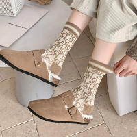 Calcetines De Lana Kuwa Para Mujer De Tendencia Invierno Con Patrón Monograma Y Color Sólido Calcetines De Media Caña Gruesos Transpirables - details 3