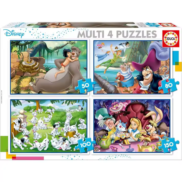 Educa multi 4 puzzles  Disney Aladdin, el Libro de la Selva, Alicia, Peter Pan Conjunto de Puzzles Progresivos Educa 18105 - 1
