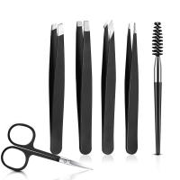 Juego De 6 Piezas De Pinzas Para Cejas Con Tijeras Curvas Y Cepillo Para Pestañas Peluca Para Barba Eliminación De Vello Del Rostro Clipper De Acero Inoxidable - details 0