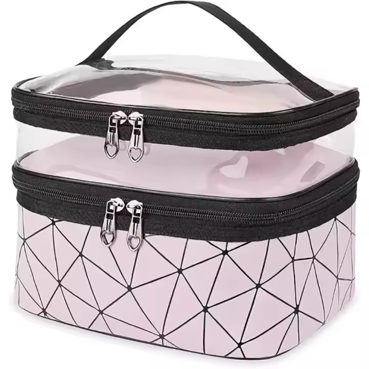 Neceser Grande de viaje Rosa para Mujer, Bolsa de Cosméticos impermeable transparente de Doble Capa, organizer con compartimientos - 1