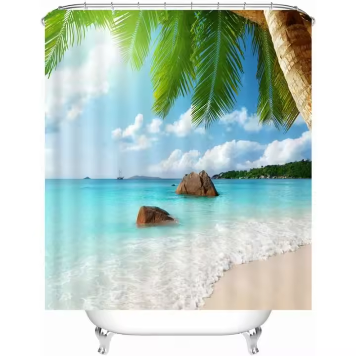 Cortina de Ducha con Patrón de Playa Imperable lienzo en prueba de Moho con 12 anillos de Cortina de Ducha Cortina de baño lavable 180x180cm - 1