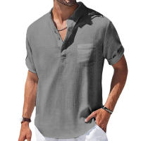 Camisa De Algodón Y Lino Para Hombres Verano Cuello Henry Camiseta Casual Manga Corta Ropa Masculina Transpirable Y Ligera - details 1