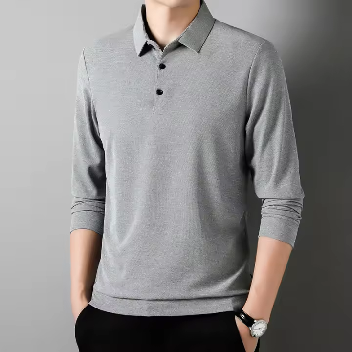 Camisa Polo De Manga Larga Para Hombre Estilo Casual Transpirable Y Cómoda Para El Verano Tejido De Gasa Sólido De Algodón Blends - 1