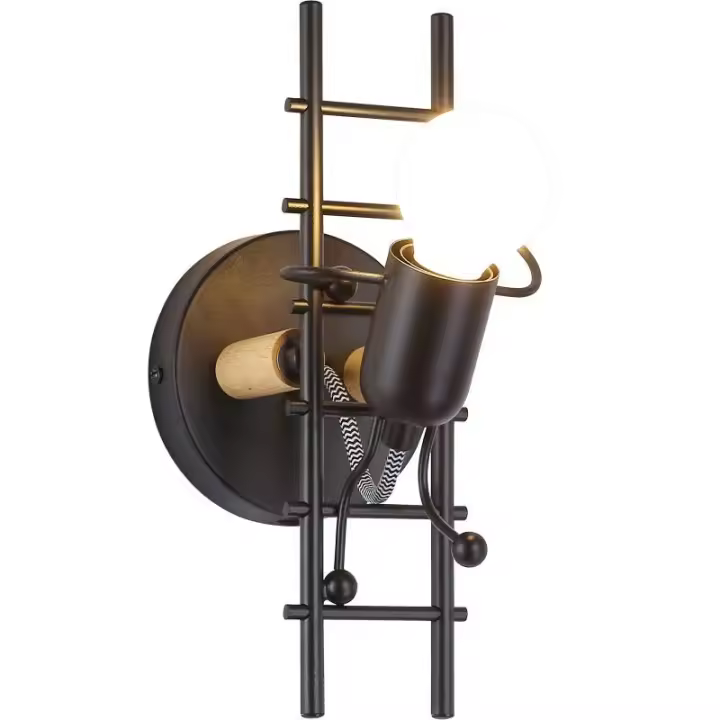 ALPINALUZ Aplique de Pared Muñeco Escalera con Detalle de Madera y Aluminio Casquillo E27 Luz Arriba para Pasillo Dormitorio - 1