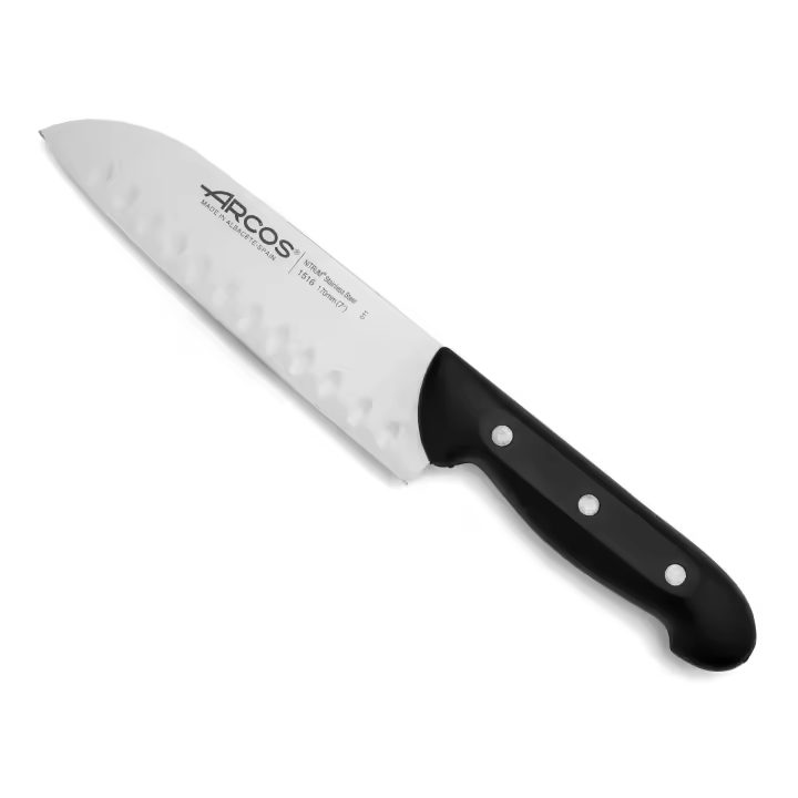 Arcos Cuchillo Santoku Acero Inoxidable Nitrum. Cuchillo cocina japonés pescado, carne y verduras. Mango ergonómico polioximetileno POM y Hoja 170 mm. Multiusos. Serie Maitre. Color negro. - 1
