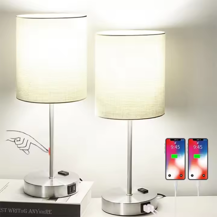 SOMY Juego de 2 lámparas de escritorio con puerto de carga USB, lámpara de noche con salida de CA, lámpara de escritorio minimalista moderna con pantalla de tela para sala de estar, dormitorio, oficina - Lámpara de banco de trabajo de lino - 1