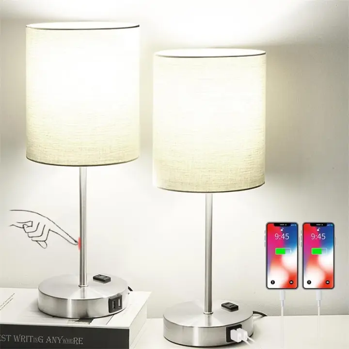SOMY Juego de 2 lámparas de escritorio con puerto de carga USB, lámpara de noche con salida de CA, lámpara de escritorio minimalista moderna con pantalla de tela para sala de estar, dormitorio, oficina - Lámpara de banco de trabajo de lino - 1