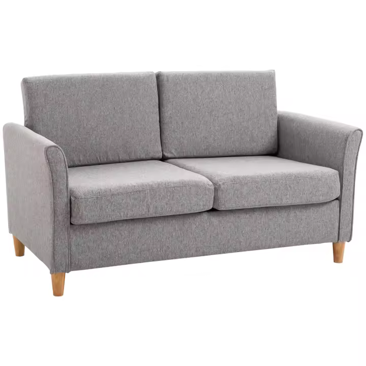 HOMCOM Sofá 2 Plazas, Sofá con Patas de Madera, Aspecto Lino, Sofá Tapizado Acolchado, Sofá Doble de Estilo Moderno para Salón, Dormitorio, Gris Claro - 1