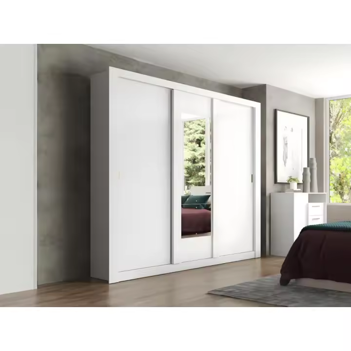 Vente-unique - Armario con espejo ROXANE - 3 puertas correderas – Ancho 220 cm - Blanco - 1