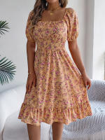 Vestido Elegante De Primavera Y Verano Para Mujer Con Estampado Floral Cuello Cuadrado Manga Corta Volante Al Borde Vestido A-Line De Rodilla Casual - details 28