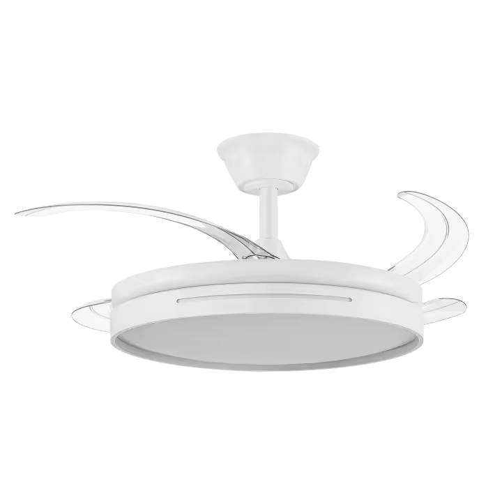 ABRILA ALTA GAMA Ventilador DC 59w Micenas Blanco/NIQUEL/CUERO 4 Aspas Transp. 106d 6 Veloc. 6980lm 3 Colores C/remoto, Regulables de intensidad, Memoria Y Temporiz.26 Incluye mando a distancia y dos tijas de 10 y 25 centímetro CALIDAD GARANTIZADA - 1