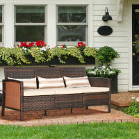 Outsunny Rattan Garden Lounge Sofá de Tres plazas con revestimientos, Estructura de Maple, MARRON, 68x173x78 cm, ideal para Terrazas y Jardines - details 0