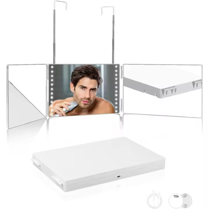 Espejo Iluminado de 360 Grados, lente autocortante, Espejo de maquillaje recargable, con Espejo de aumento de 10x. - 1