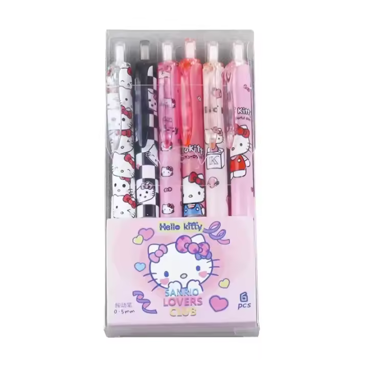 Sanrio Hello Ktiiiy 6pcs Bolígrafo De Gel Presión Cute Para Estudiantes Escritura Rápida Herramienta De Aprendizaje 0.5 Negro Material Plástico Regalo De Papelería Escolar - 1