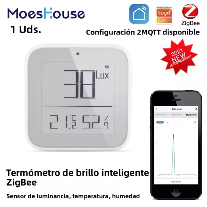 Sensor De Temperatura Y Humedad Inteligente ZigBee MoesHouse Con Control Por App Tuya Luz De Iluminación Ajustable Y Detector De Temperatura - 1