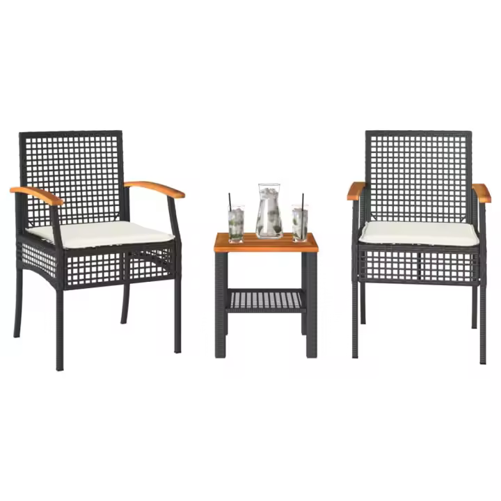 vidaXL Mesita y sillas con cojines 3 pzas ratán PE madera acacia en color Beige/Gris/Negro | cómodas modernas ergonómicas para comedor cocina salón hogar - 1