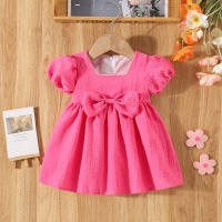 Vestido De Verano Para Bebé Niña En Color Sólido Con Cuello Redondo Y Lazo Para Uso Diario De Longitud De Rodilla - details 4