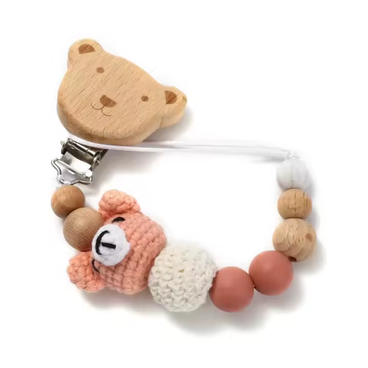Nuevo Clip De Chupete De Madera Para Bebé Juguetes Para Masticar De Enfermedad Con Cadena De Conejo Tejido Soother - 1