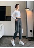 Pantalones De Trabajo Mujer Estilo Casual Cintura Alta Botones Talla Grande Color Caqui Largo Hasta El Tobillo Trasero Ancho - details 14