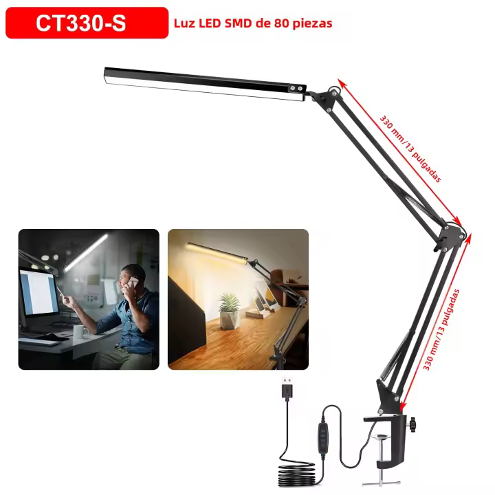 Lámpara De Escritorio NEWACALOX 80 PCS SMD LED Tres Secciones Con Braza Larga Protección Ocular USB Dimmable Plegable Para Estudio - 1