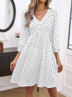 Vestido Midi De Manga 3/4 En Polka Dot Para Mujer Estilo Casual De Otoño Con Cuello En V Y Falda A-line Ajustada Y Floja Para Fiestas - details 0
