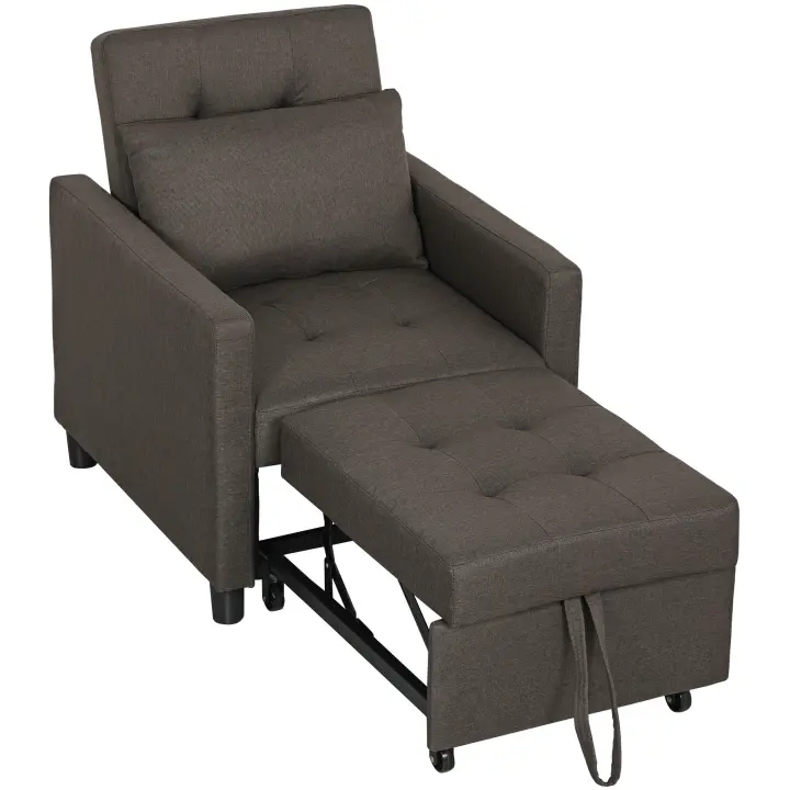 HOMCOM Sofá Cama de 1 Plaza 3 en 1 Sofá Cama Tapizado en Lino con Respaldo Ajustable de 3 Niveles y Almohada Acolchada para Oficina Dormitorio Salón 69x82,5x84 cm Marrón Oscuro - 1