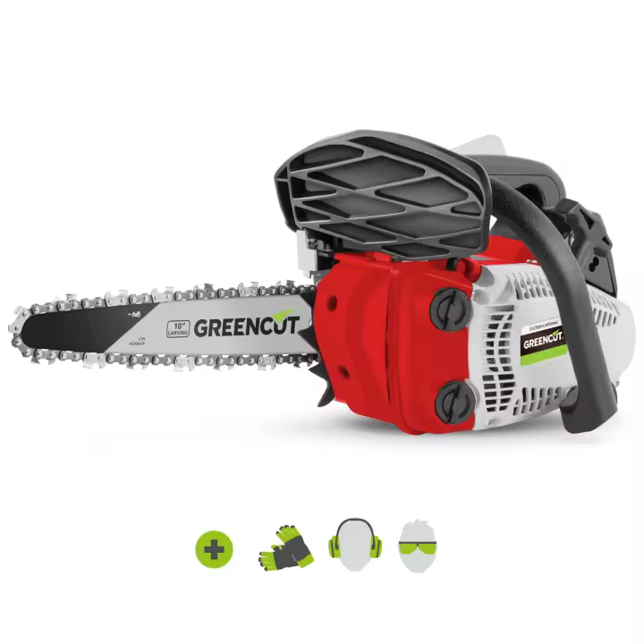 GREENCUT GS250X-CARVING - Motosierra de gasolina con motor a 2 tiempos de 25,4cc y 1,4cv con espada de 10'' Carvin Arranque Easy-Start, Sistema Anti-Vibración, tecnología TRU-SHARP - 1