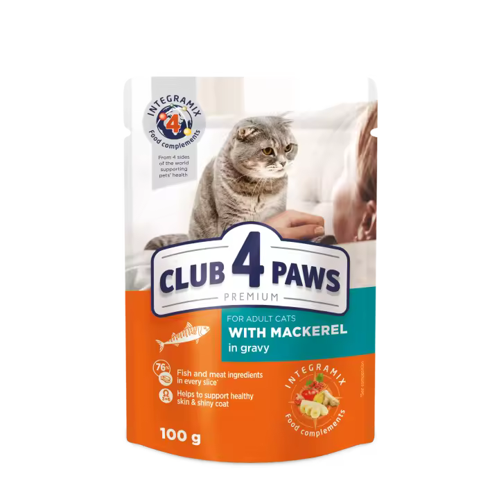 Comida húmeda completa para gatos adultos CLUB 4 PAWS PREMIUM - Caballa en salsa,PACK 24*100g - 1