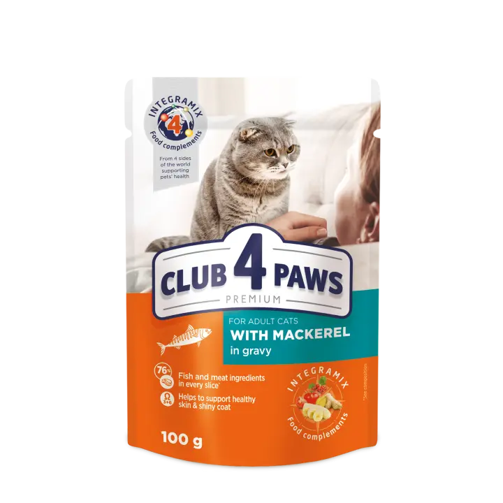 Comida húmeda completa para gatos adultos CLUB 4 PAWS PREMIUM - Caballa en salsa,PACK 24*100g - 1